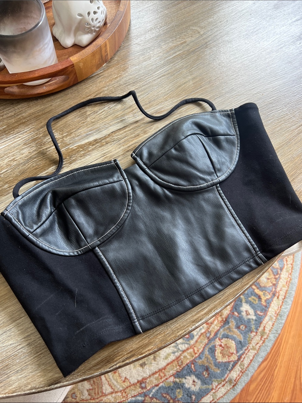 STAUD Black Faux Leather Bustier Crop Top